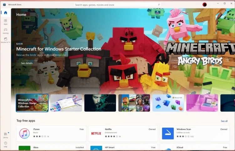 Microsoft Store-ის ინტერფეისი თამაშებით და აპლიკაციებით Windows-ისთვის.